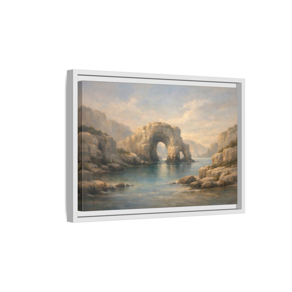 Side Mockup 4. Nature Rock Arch Blue And Tan shown as stretched canvas wall art