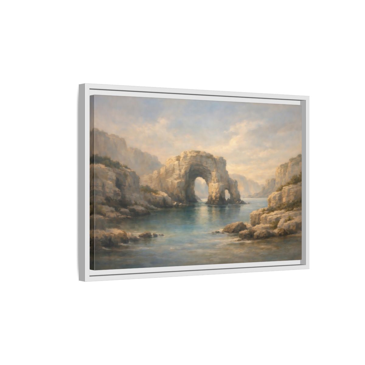 Side Mockup 1. Nature Rock Arch Blue And Tan shown as stretched canvas wall art