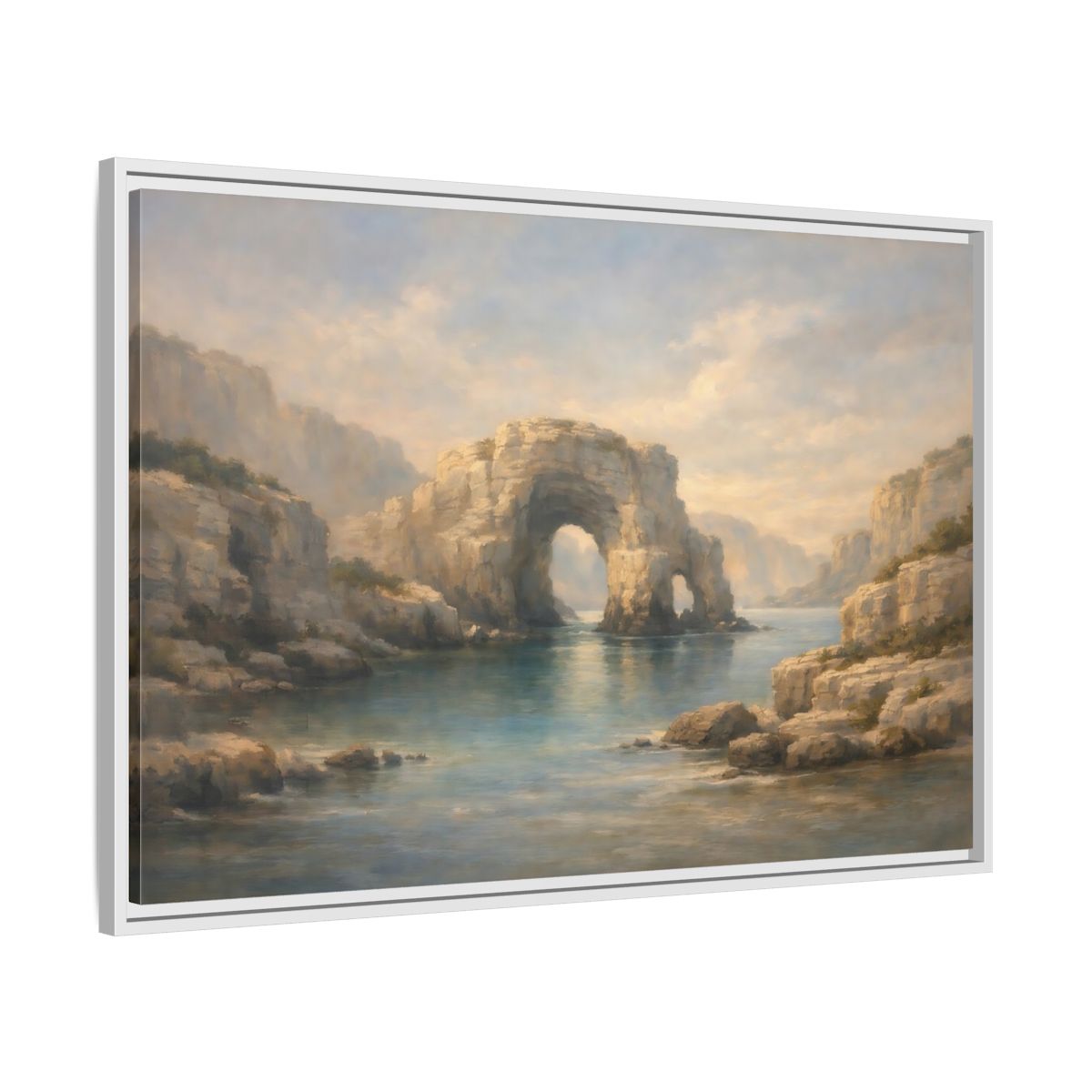 Side Mockup 8. Nature Rock Arch Blue And Tan shown as stretched canvas wall art