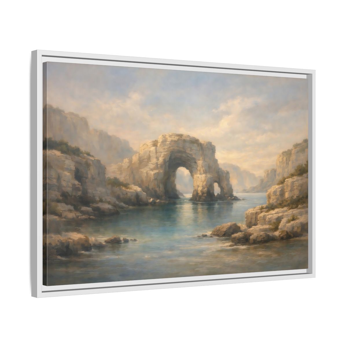 Side Mockup 10. Nature Rock Arch Blue And Tan shown as stretched canvas wall art
