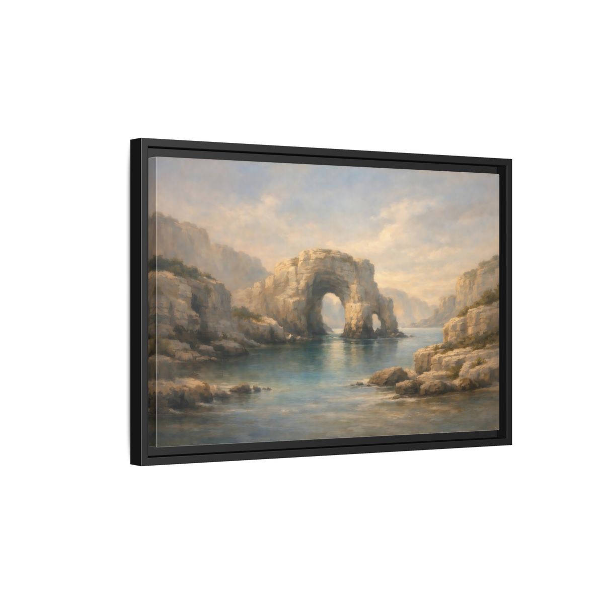Side Mockup 3. Nature Rock Arch Blue And Tan shown as stretched canvas wall art
