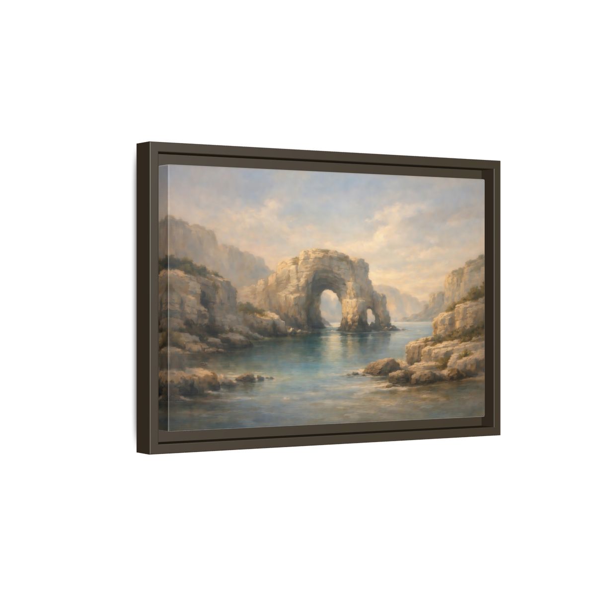 Side Mockup 5. Nature Rock Arch Blue And Tan shown as stretched canvas wall art