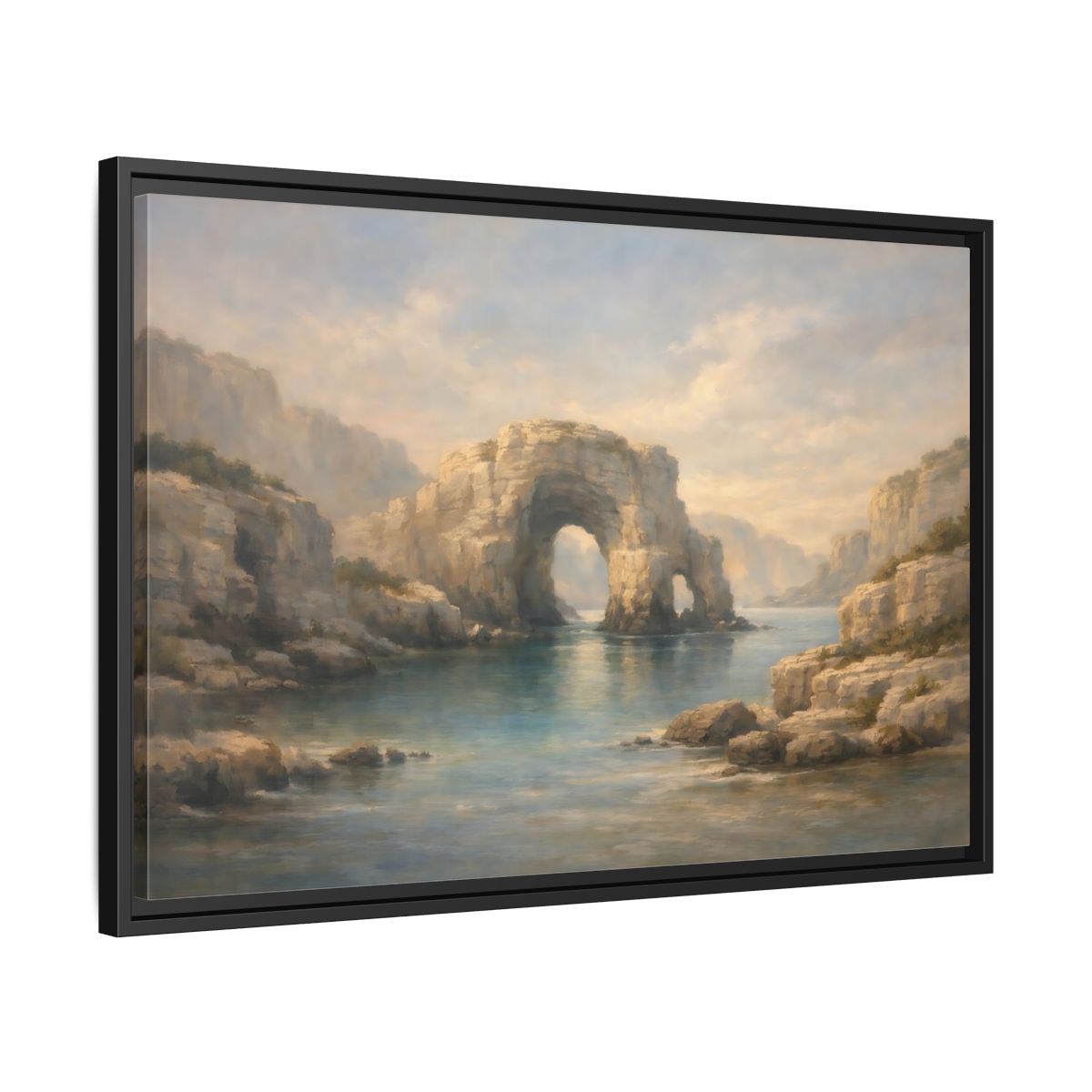 Side Mockup 14. Nature Rock Arch Blue And Tan shown as stretched canvas wall art