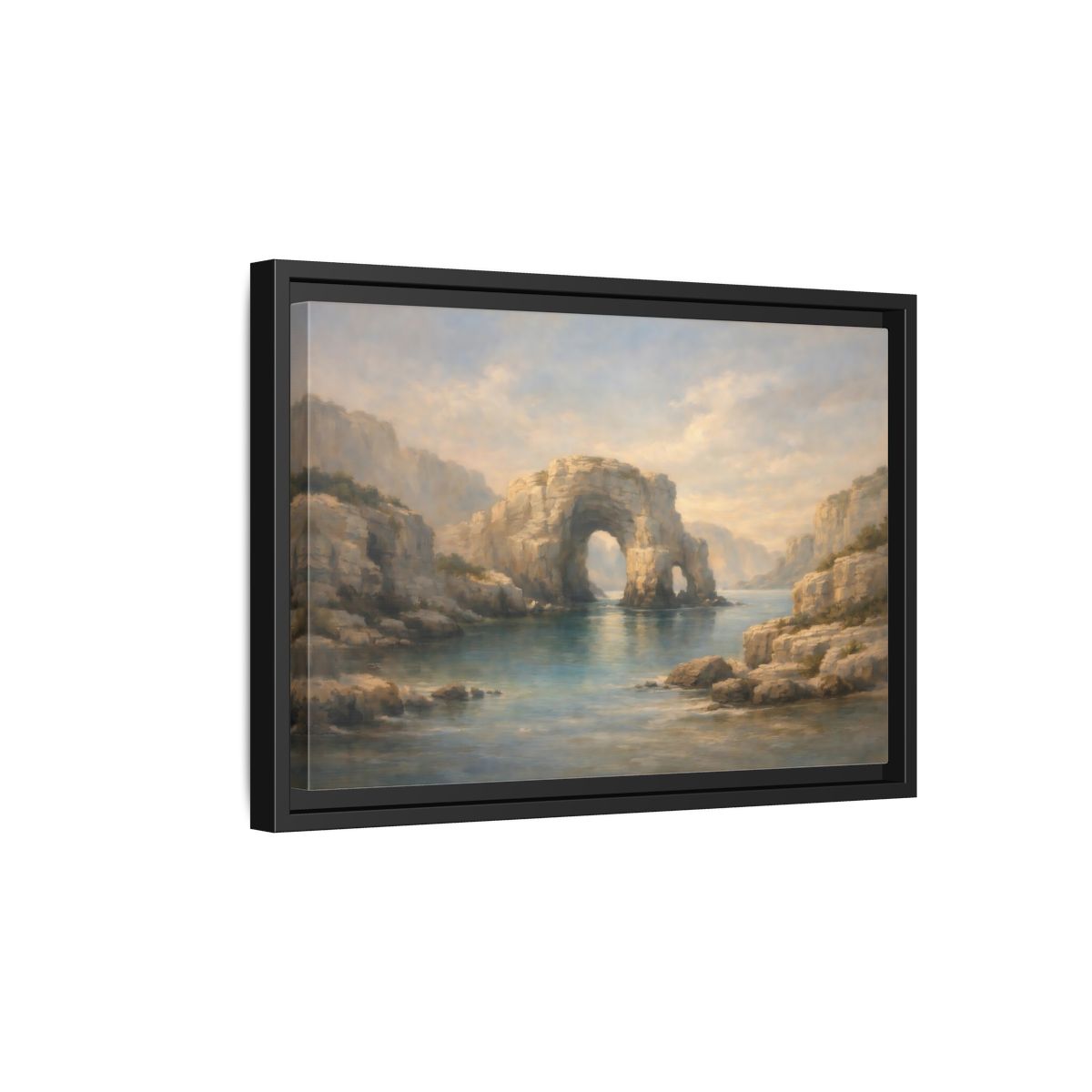 Side Mockup 6. Nature Rock Arch Blue And Tan shown as stretched canvas wall art