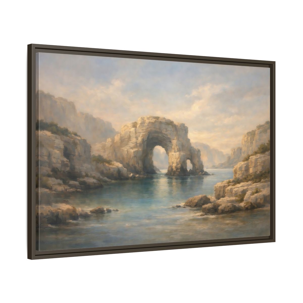 Side Mockup 9. Nature Rock Arch Blue And Tan shown as stretched canvas wall art
