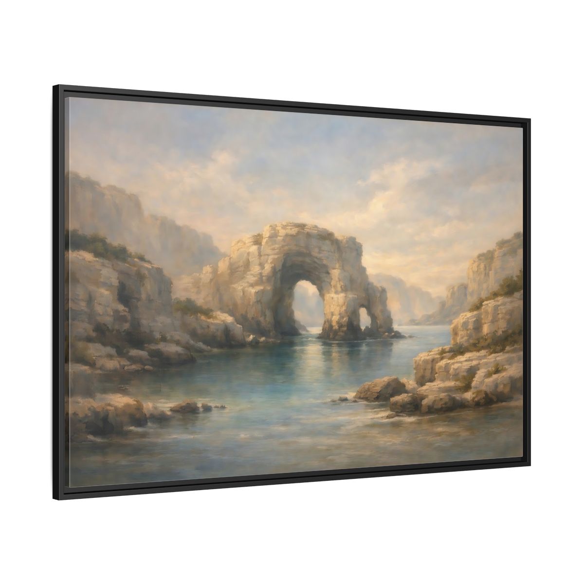 Side Mockup 12. Nature Rock Arch Blue And Tan shown as stretched canvas wall art