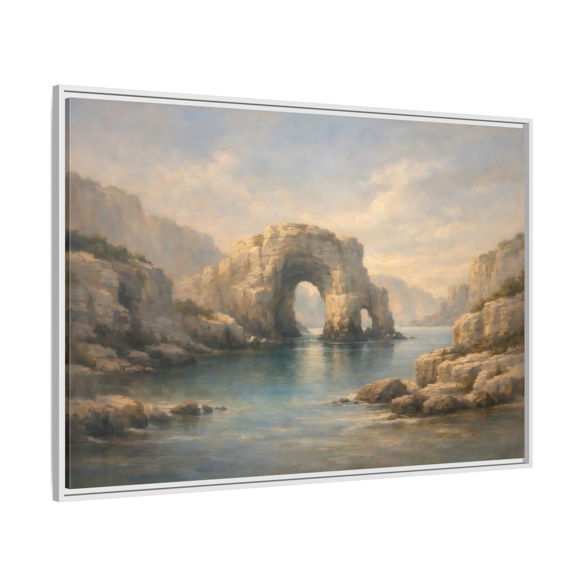 Side Mockup 7. Nature Rock Arch Blue And Tan shown as stretched canvas wall art
