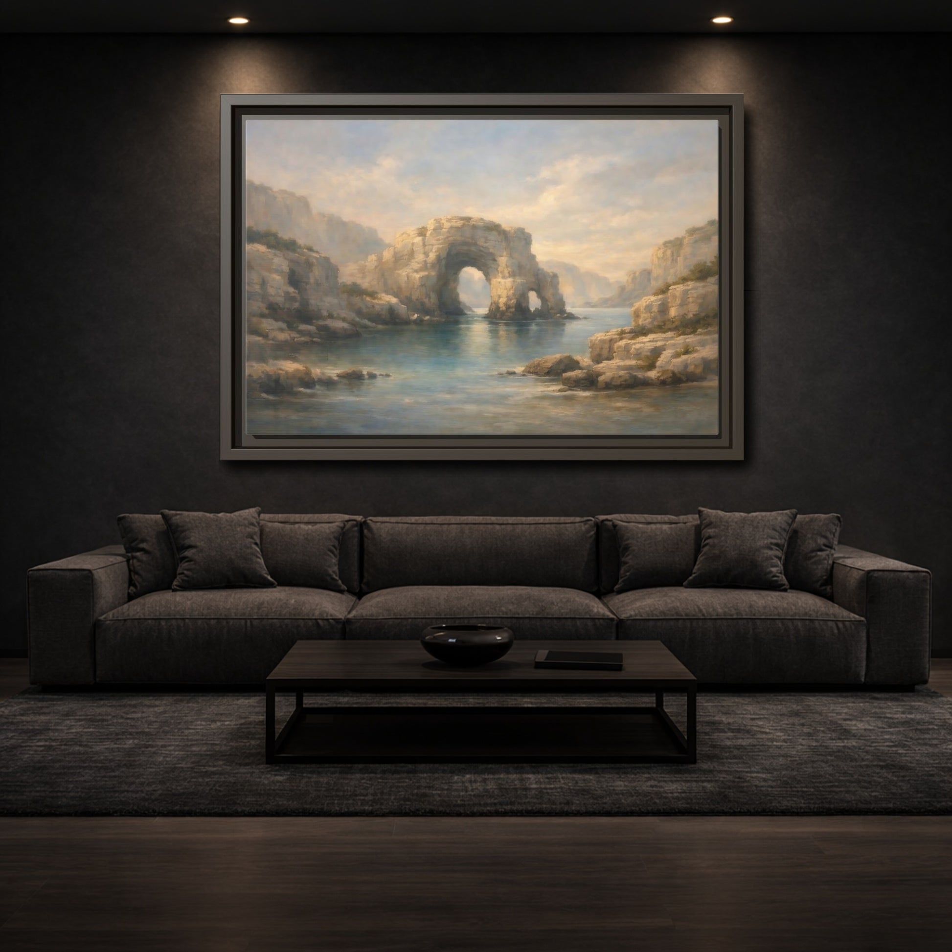 Mockup 2. Nature Rock Arch Blue And Tan shown as stretched canvas wall art