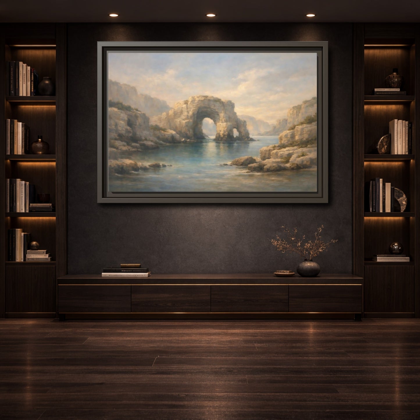 Mockup 3. Nature Rock Arch Blue And Tan shown as stretched canvas wall art