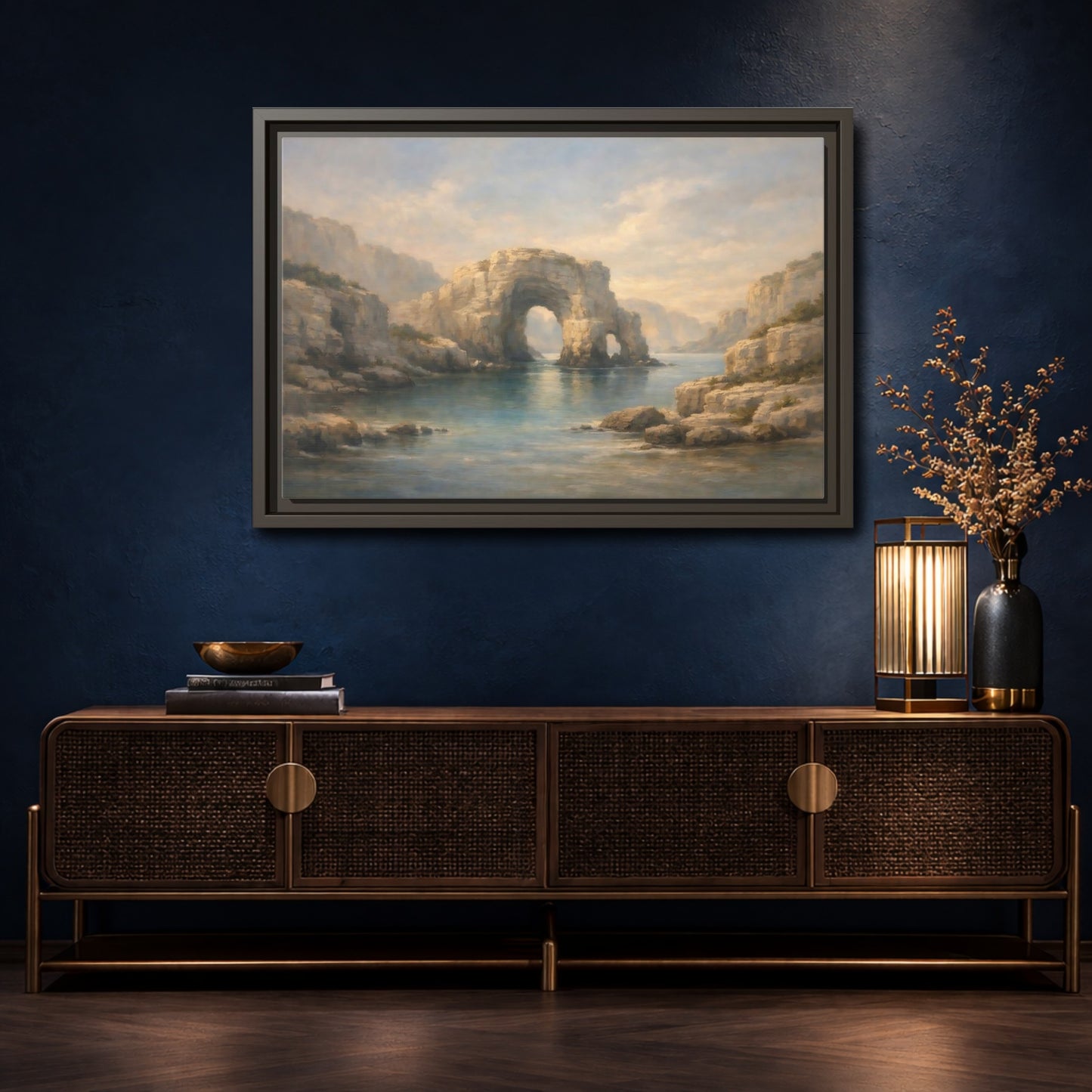 Mockup 4. Nature Rock Arch Blue And Tan shown as stretched canvas wall art