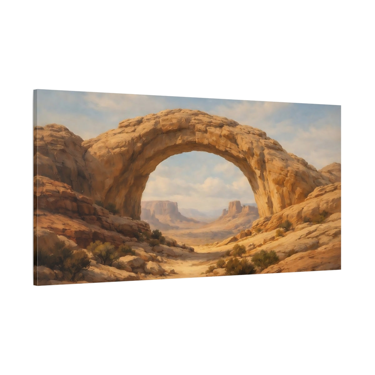 Main Mockup. Nature Rock Arch Brown And Blue Landscape shown as stretched canvas wall art