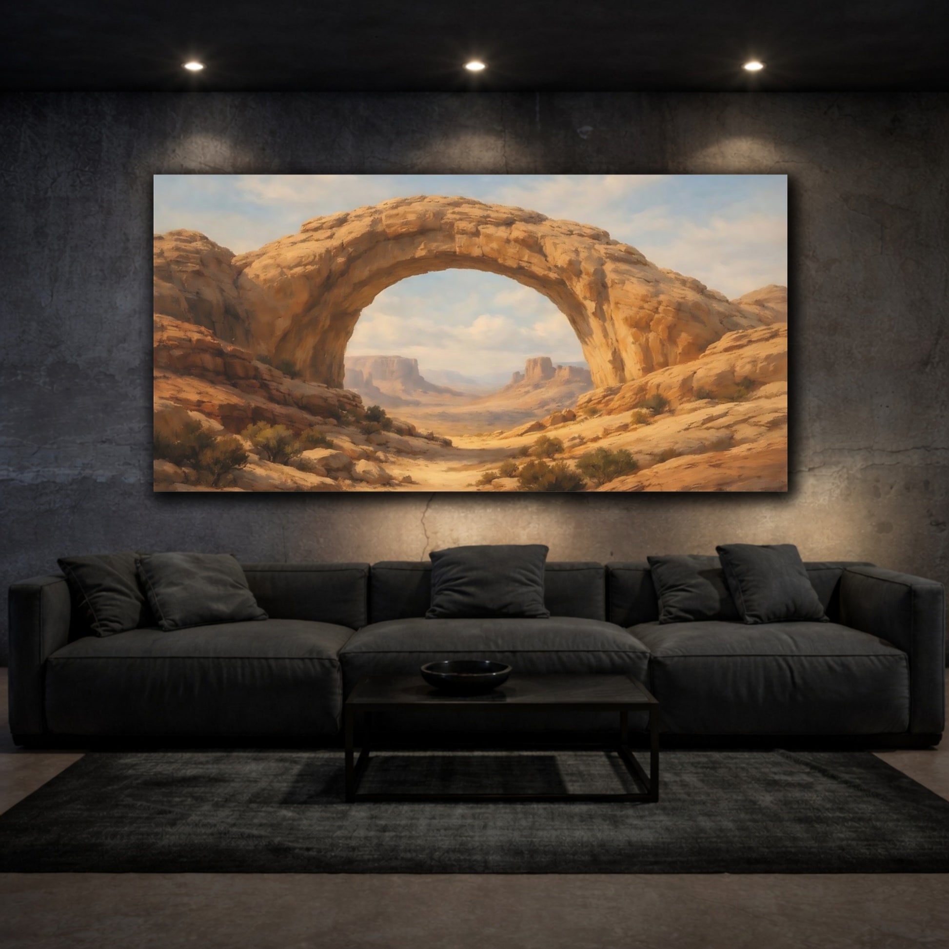 Mockup 2. Nature Rock Arch Brown And Blue Landscape shown as stretched canvas wall art