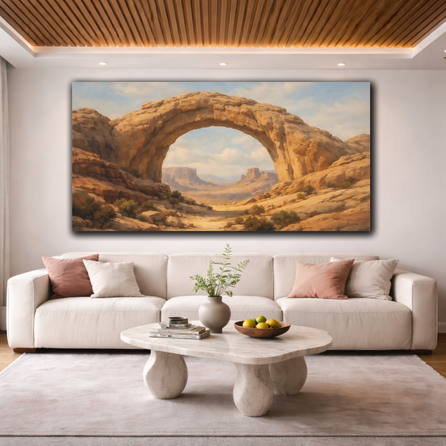 Mockup 3. Nature Rock Arch Brown And Blue Landscape shown as stretched canvas wall art