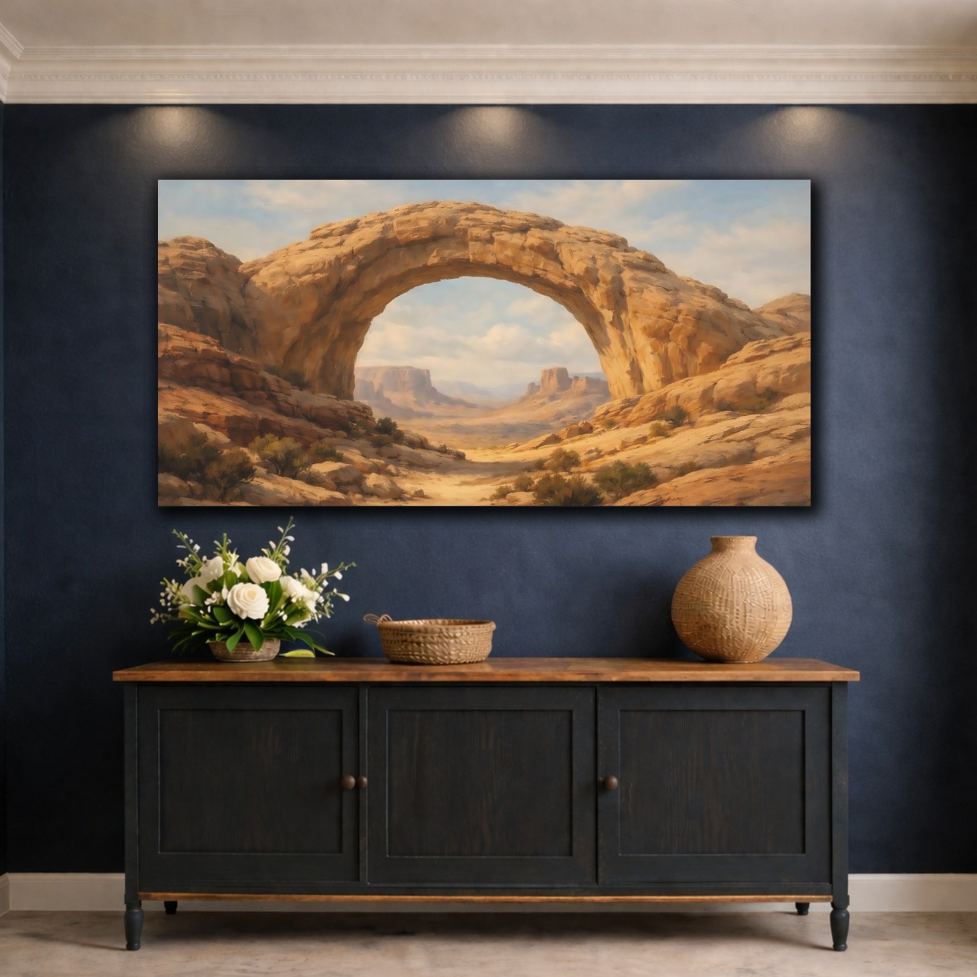 Mockup 4. Nature Rock Arch Brown And Blue Landscape shown as stretched canvas wall art