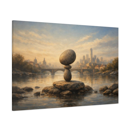 Main Mockup. Nature Rock Balance Stone Balance Cityscape shown as stretched canvas wall art