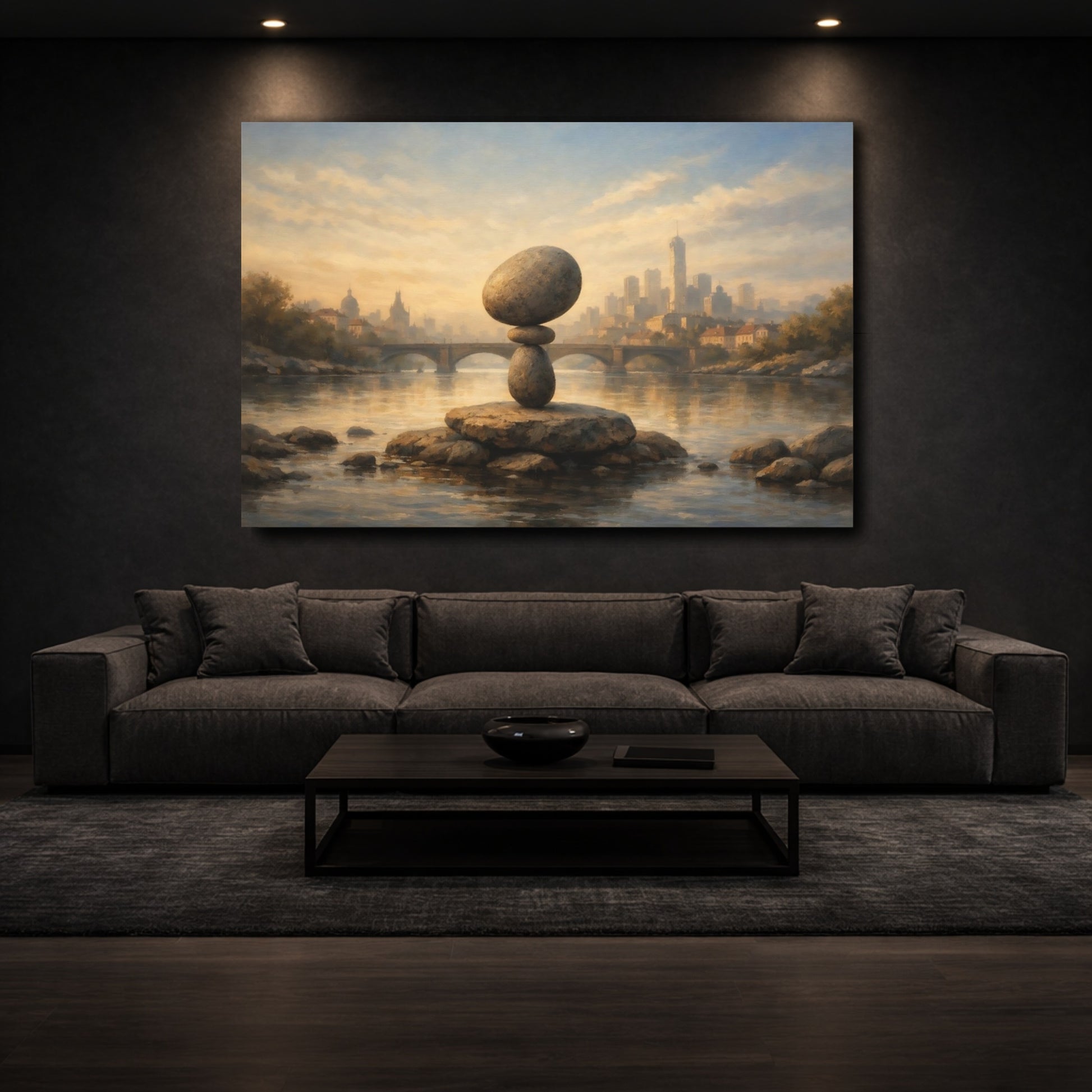 Mockup 2. Nature Rock Balance Stone Balance Cityscape shown as stretched canvas wall art