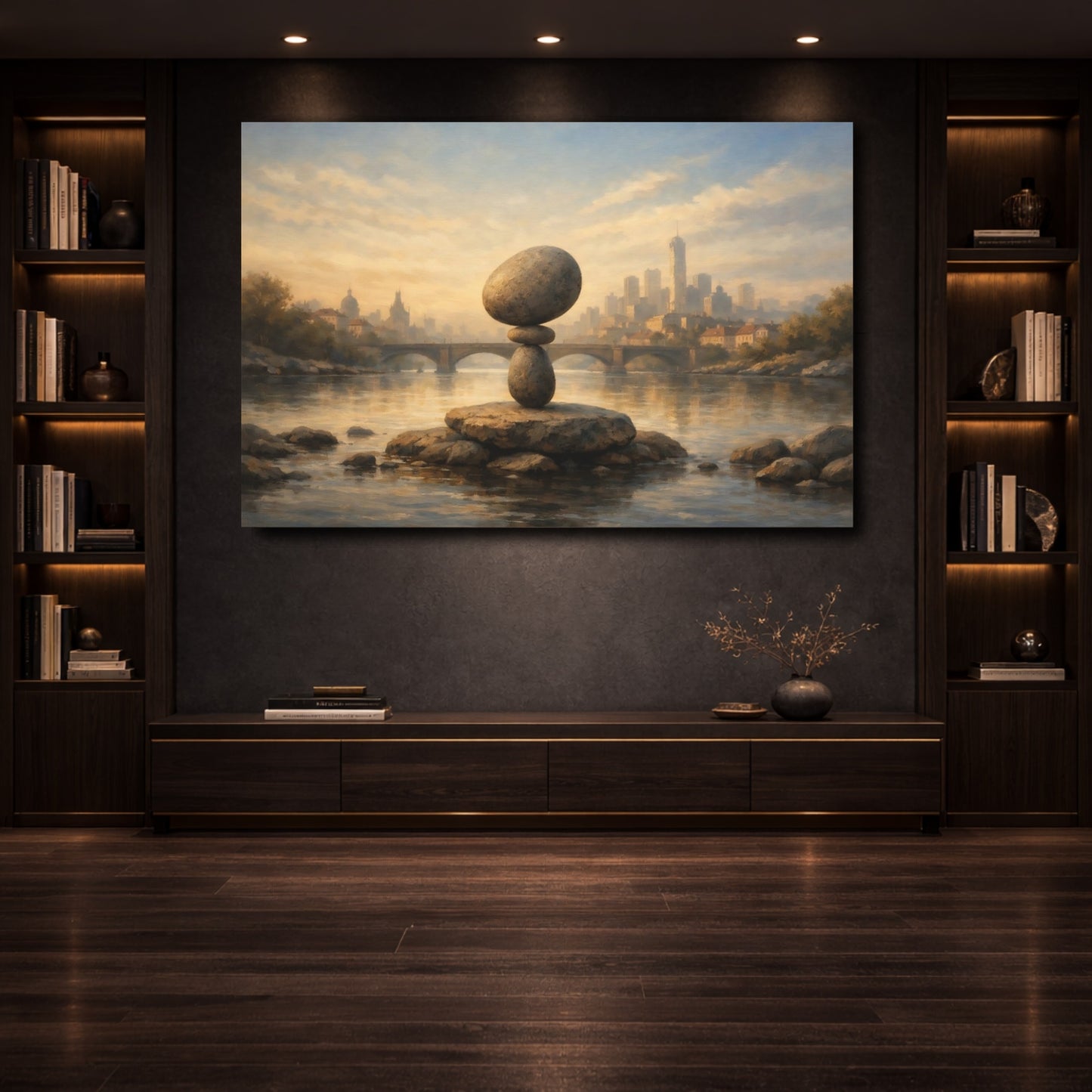 Mockup 3. Nature Rock Balance Stone Balance Cityscape shown as stretched canvas wall art