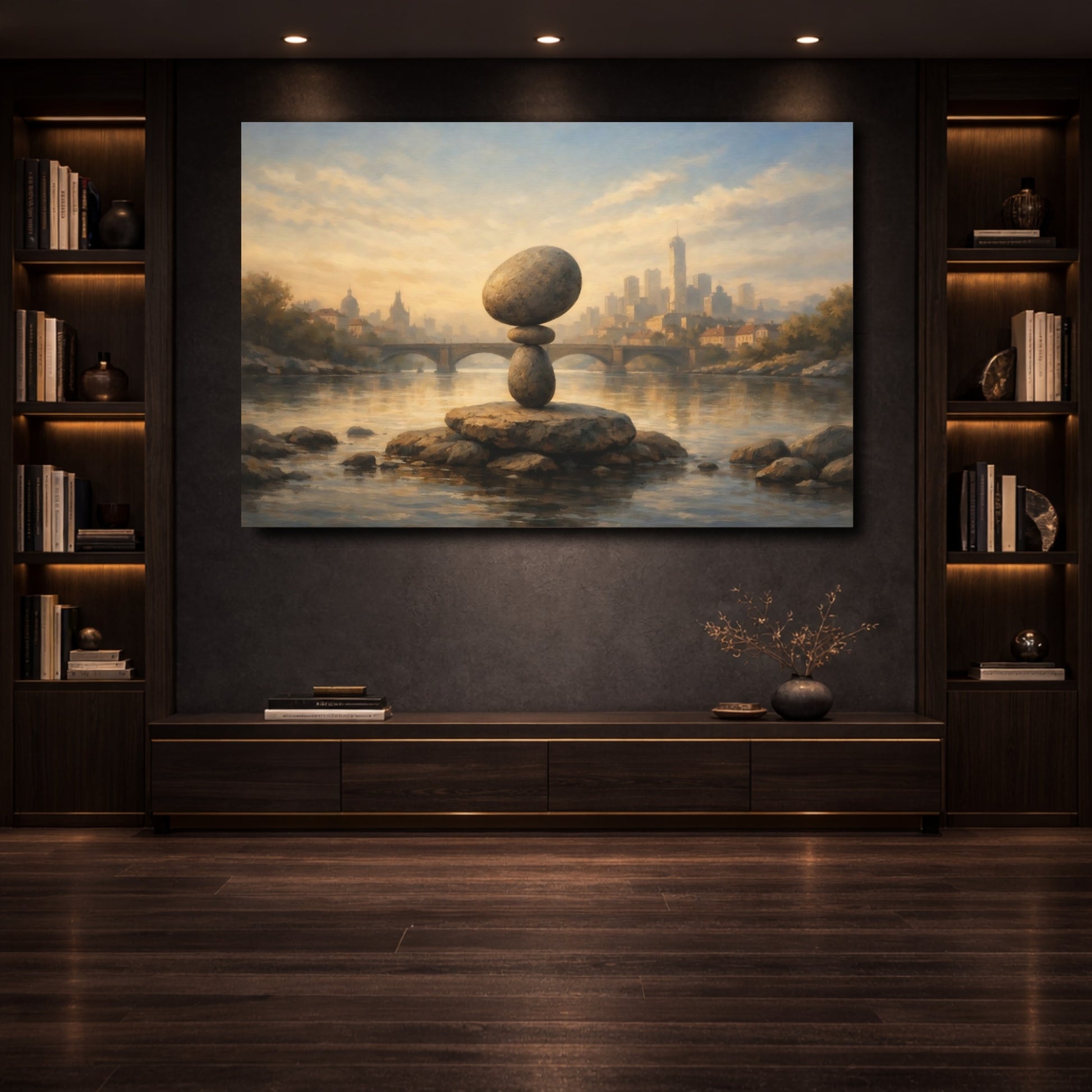 Mockup 3. Nature Rock Balance Stone Balance Cityscape shown as stretched canvas wall art
