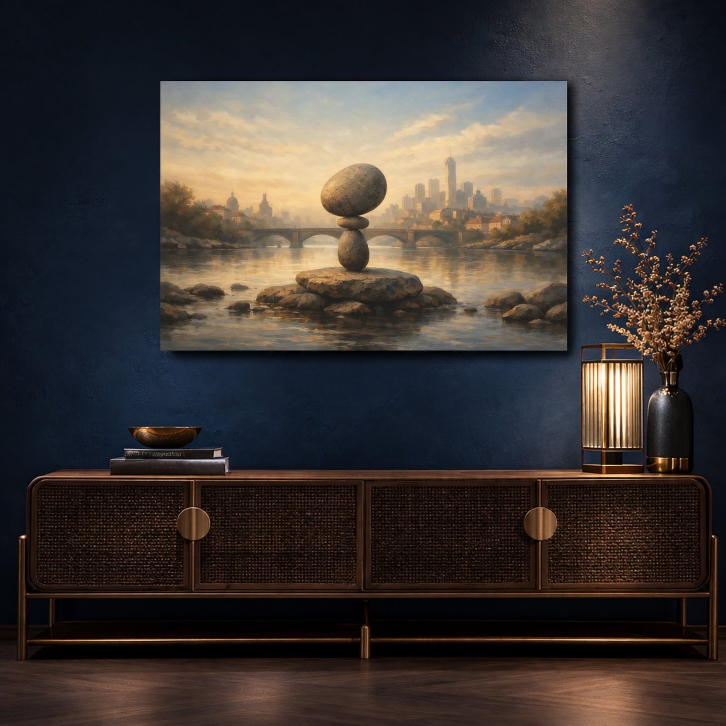 Mockup 4. Nature Rock Balance Stone Balance Cityscape shown as stretched canvas wall art