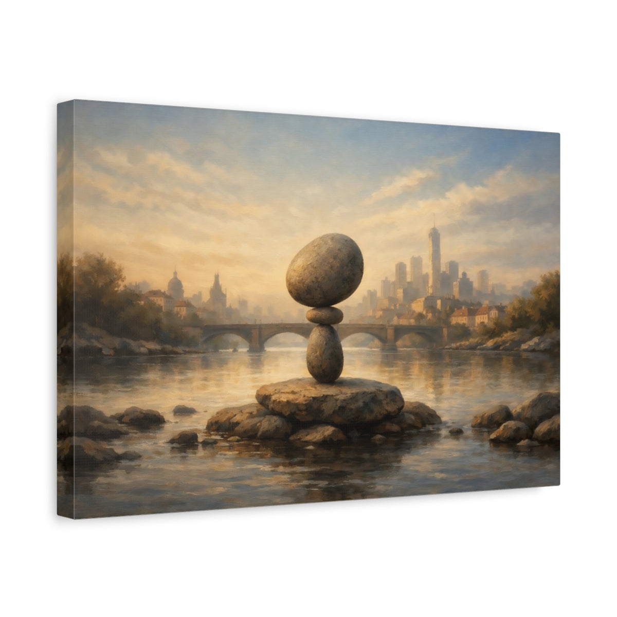 Side Mockup 4. Nature Rock Balance Stone Balance Cityscape shown as stretched canvas wall art