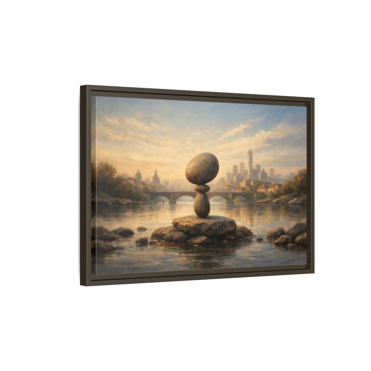 Side Mockup 2. Nature Rock Cairn Balanced Rock Cityscape shown as stretched canvas wall art