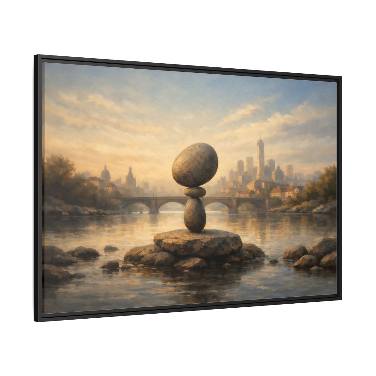 Side Mockup 12. Nature Rock Cairn Balanced Rock Cityscape shown as stretched canvas wall art