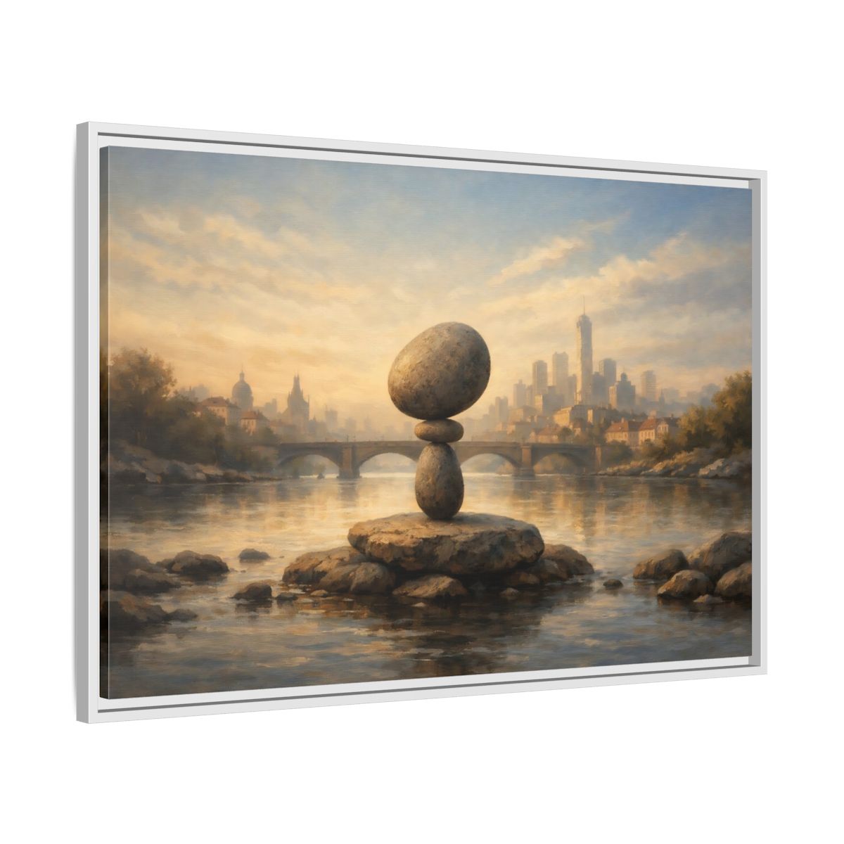 Side Mockup 8. Nature Rock Cairn Balanced Rock Cityscape shown as stretched canvas wall art