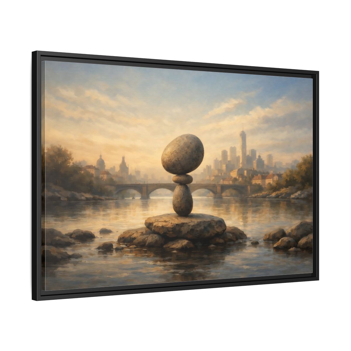 Side Mockup 13. Nature Rock Cairn Balanced Rock Cityscape shown as stretched canvas wall art
