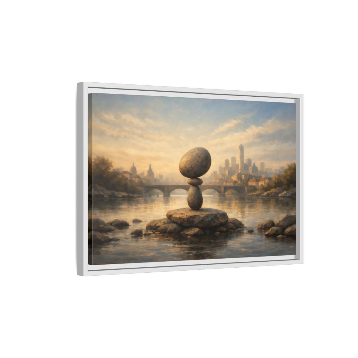 Side Mockup 1. Nature Rock Cairn Balanced Rock Cityscape shown as stretched canvas wall art