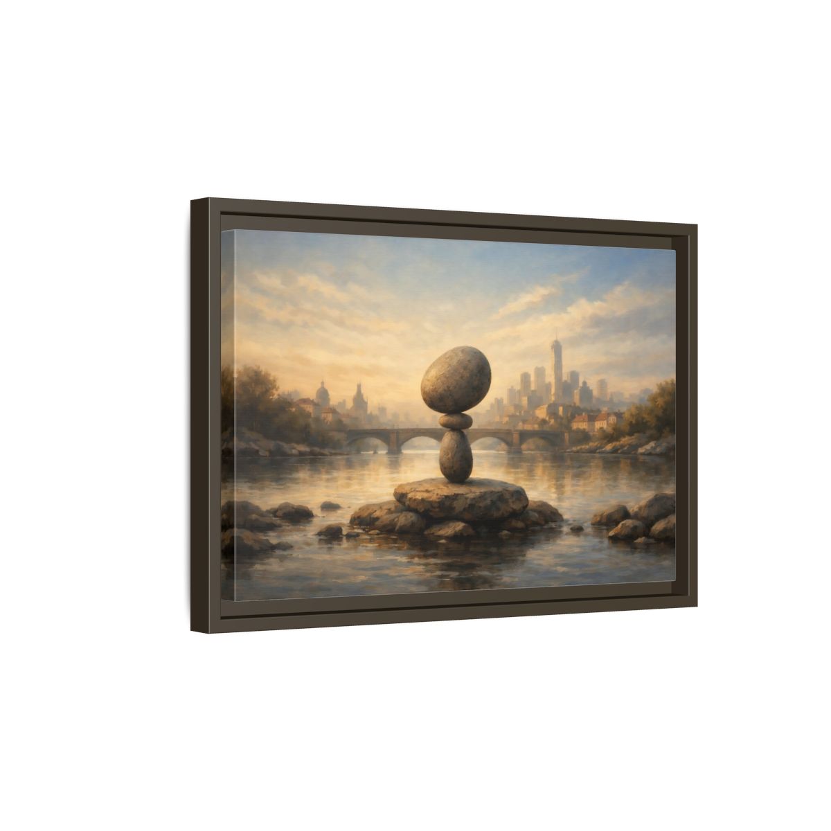 Side Mockup 5. Nature Rock Cairn Balanced Rock Cityscape shown as stretched canvas wall art