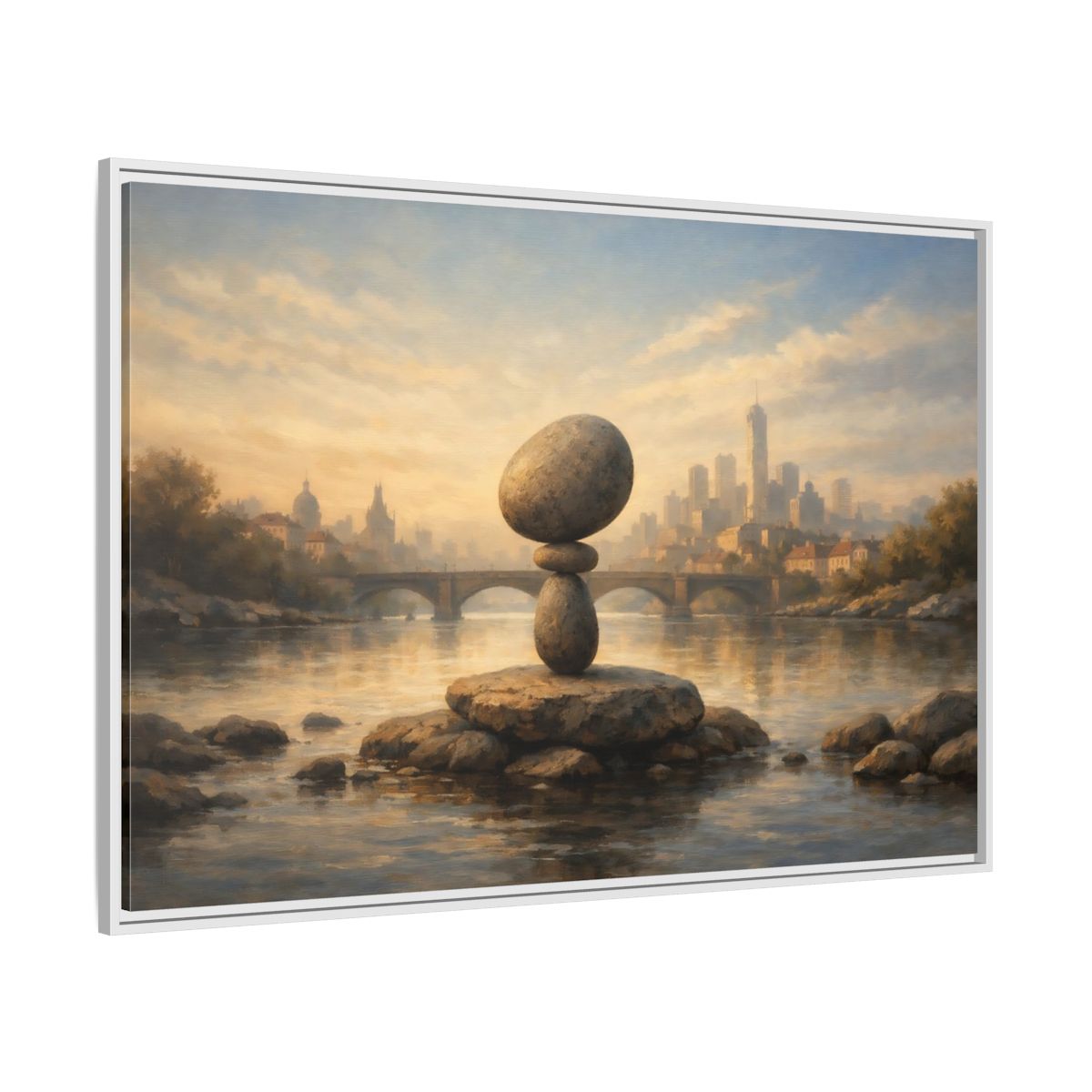 Side Mockup 7. Nature Rock Cairn Balanced Rock Cityscape shown as stretched canvas wall art
