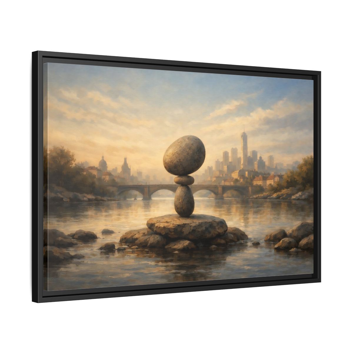 Side Mockup 14. Nature Rock Cairn Balanced Rock Cityscape shown as stretched canvas wall art