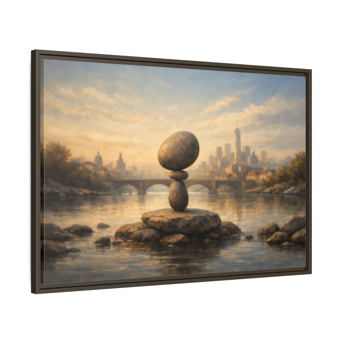 Side Mockup 9. Nature Rock Cairn Balanced Rock Cityscape shown as stretched canvas wall art