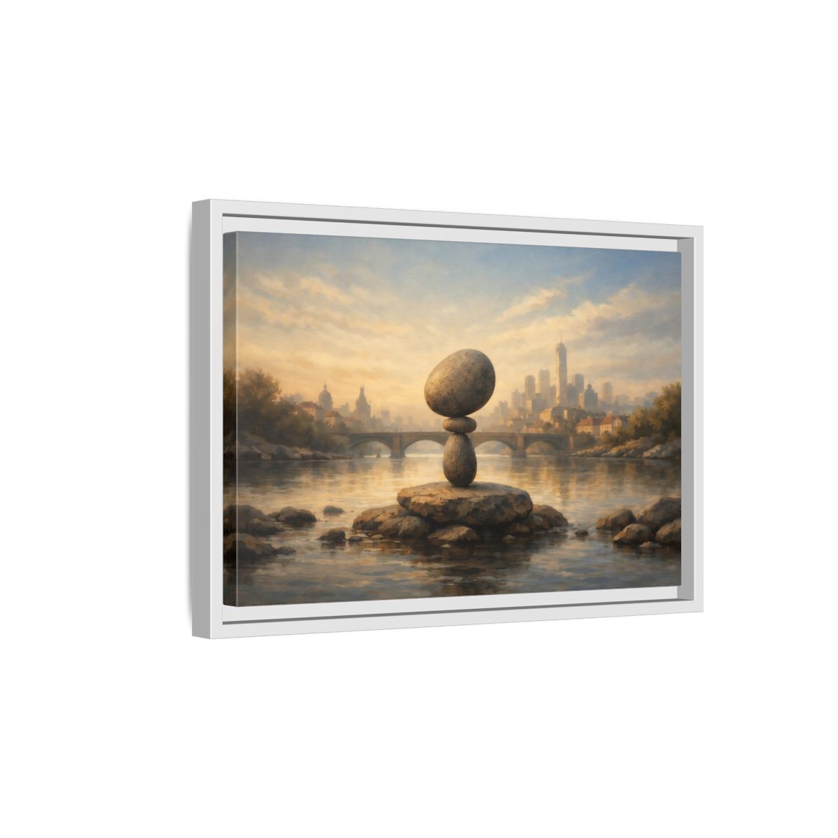 Side Mockup 4. Nature Rock Cairn Balanced Rock Cityscape shown as stretched canvas wall art