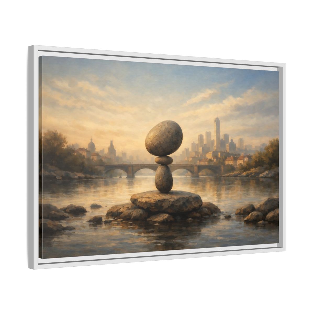 Side Mockup 10. Nature Rock Cairn Balanced Rock Cityscape shown as stretched canvas wall art