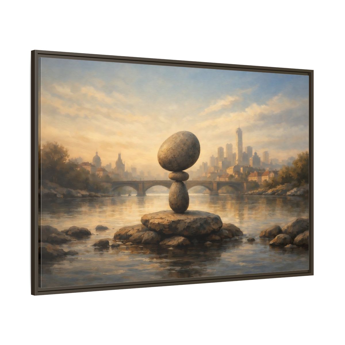 Main Mockup. Nature Rock Cairn Balanced Rock Cityscape shown as stretched canvas wall art