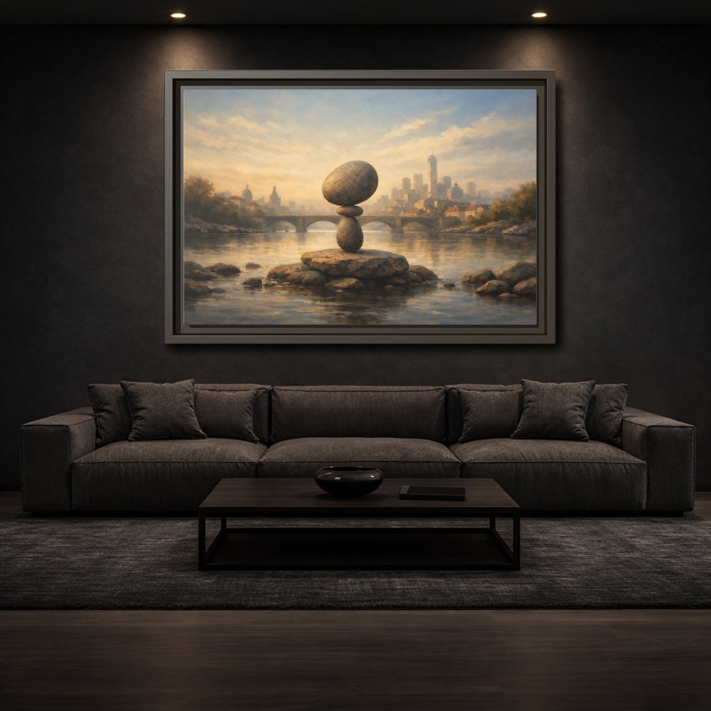 Mockup 2. Nature Rock Cairn Balanced Rock Cityscape shown as stretched canvas wall art
