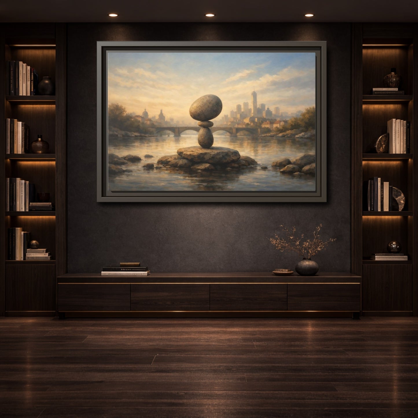 Mockup 3. Nature Rock Cairn Balanced Rock Cityscape shown as stretched canvas wall art