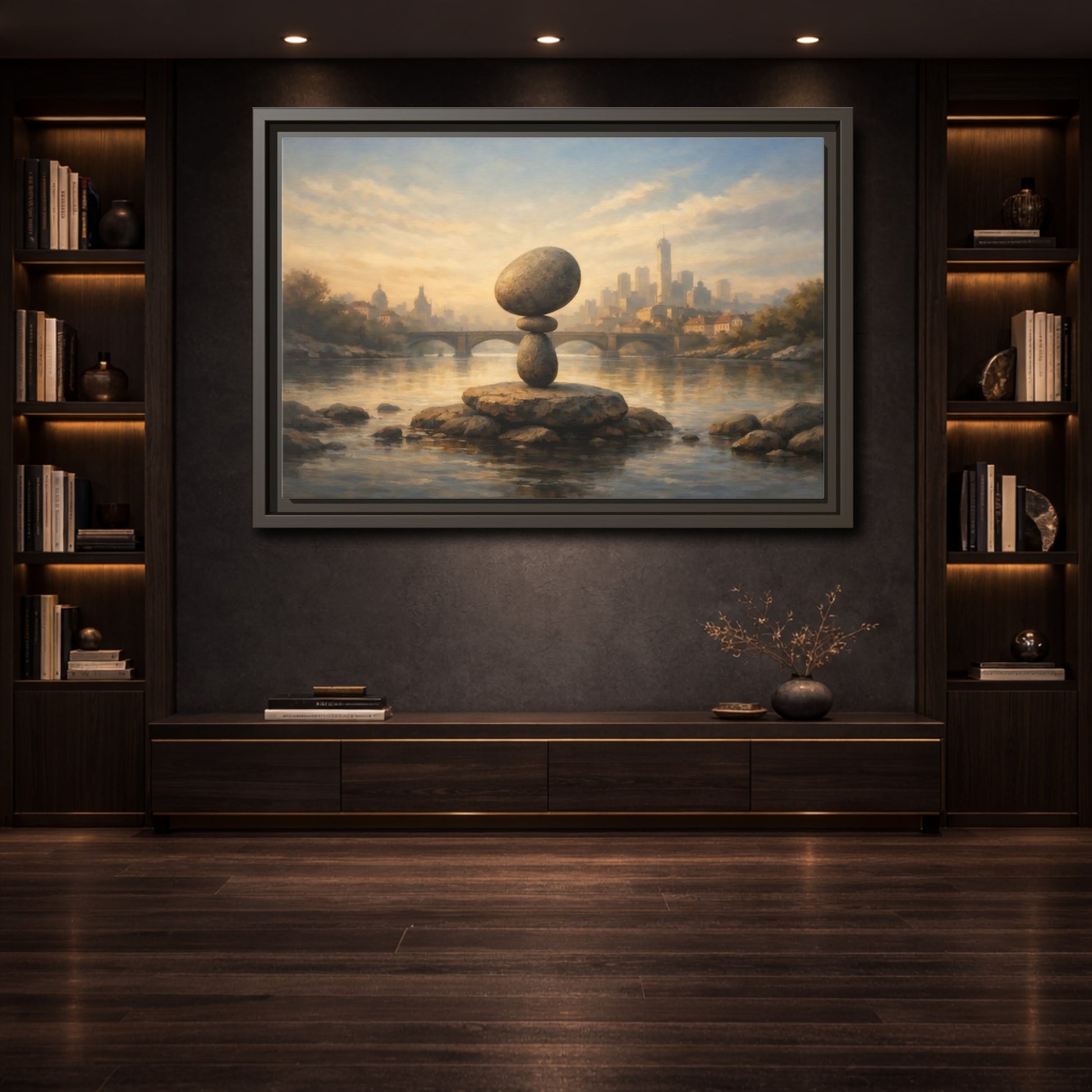 Mockup 3. Nature Rock Cairn Balanced Rock Cityscape shown as stretched canvas wall art