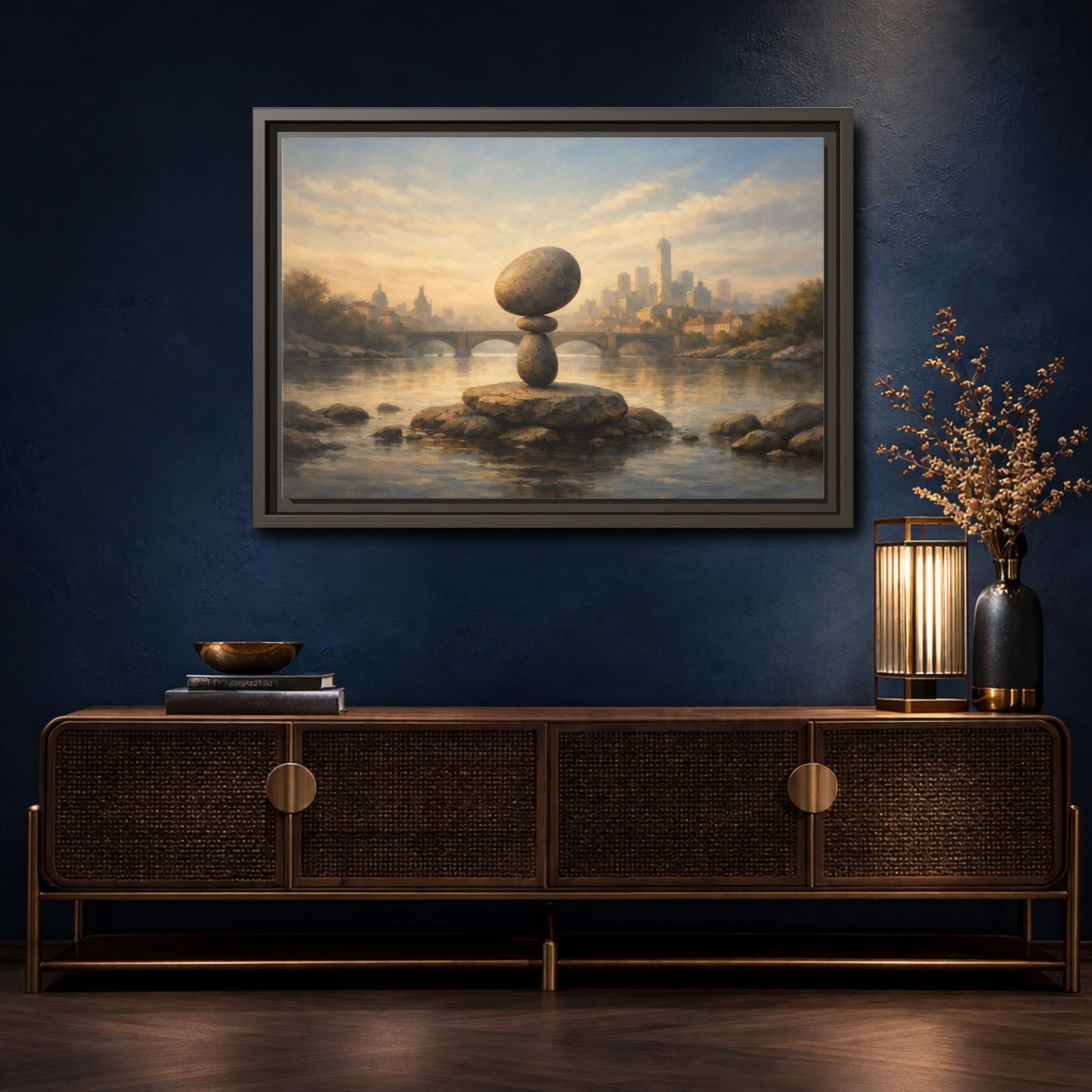 Mockup 4. Nature Rock Cairn Balanced Rock Cityscape shown as stretched canvas wall art