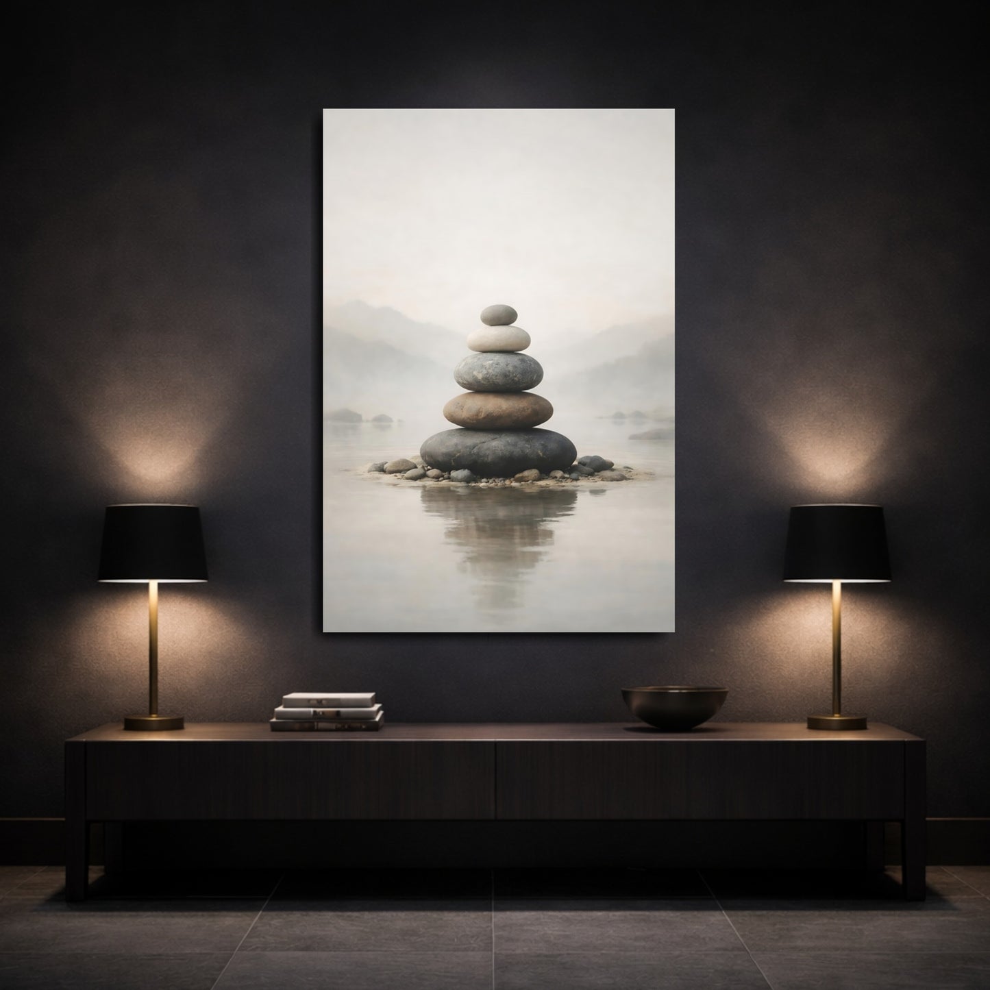 Nature Rock Cairn Neutral Tones shown as front canvas room wall art