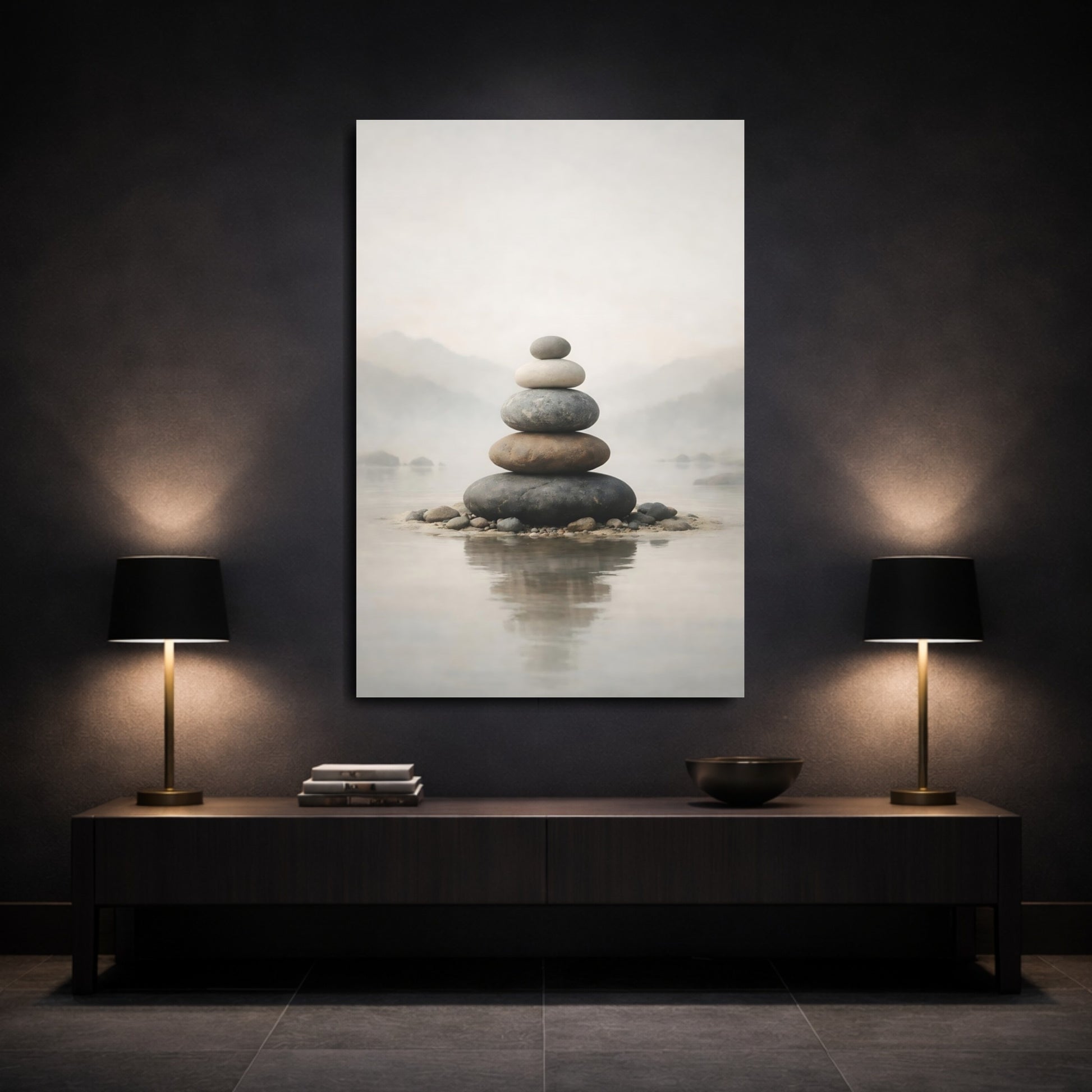 Nature Rock Cairn Neutral Tones shown as front canvas room wall art