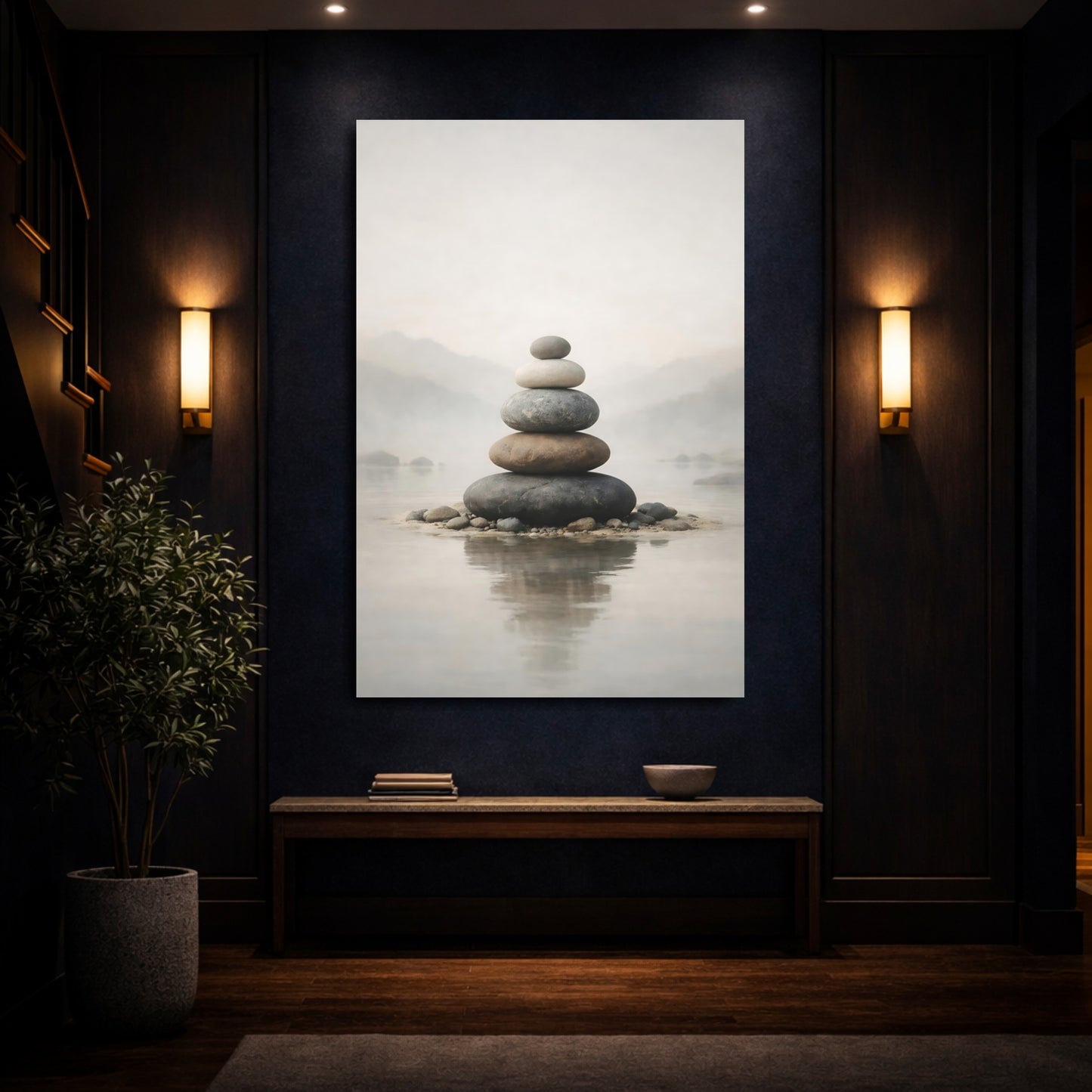 Nature Rock Cairn Neutral Tones shown as front canvas room wall art