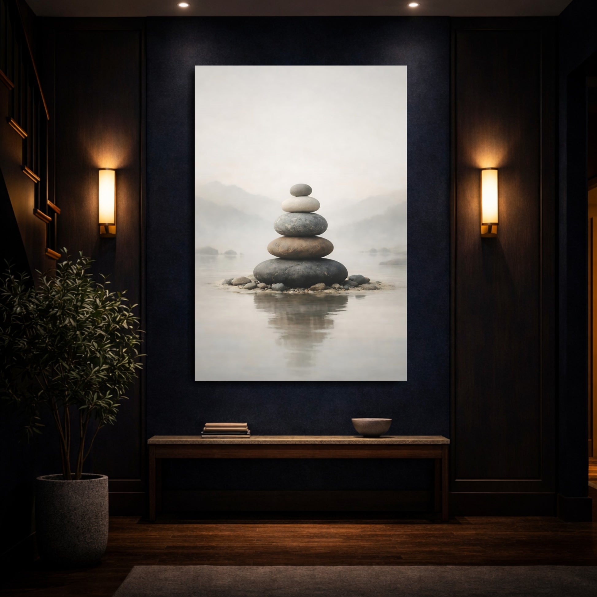 Nature Rock Cairn Neutral Tones shown as front canvas room wall art