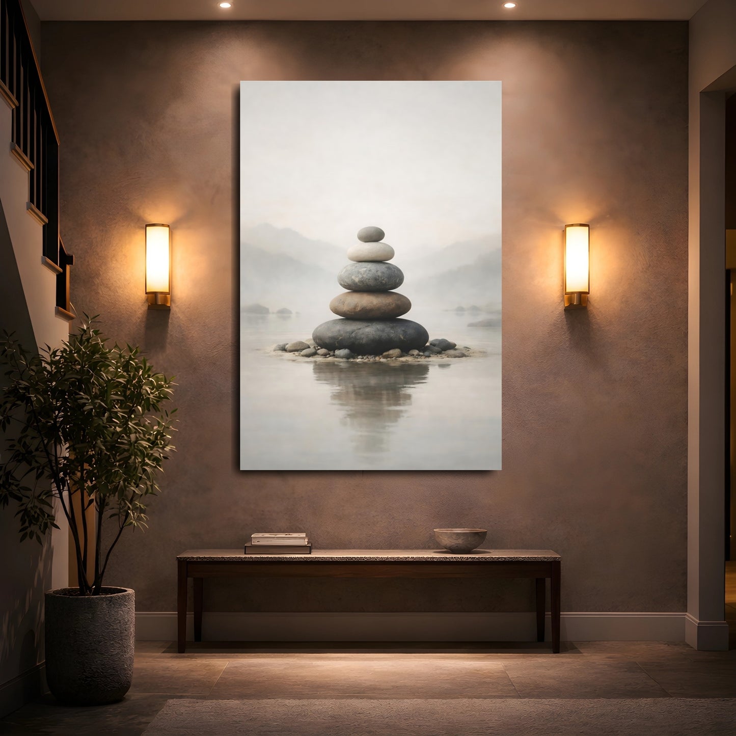 Nature Rock Cairn Neutral Tones shown as front canvas room wall art