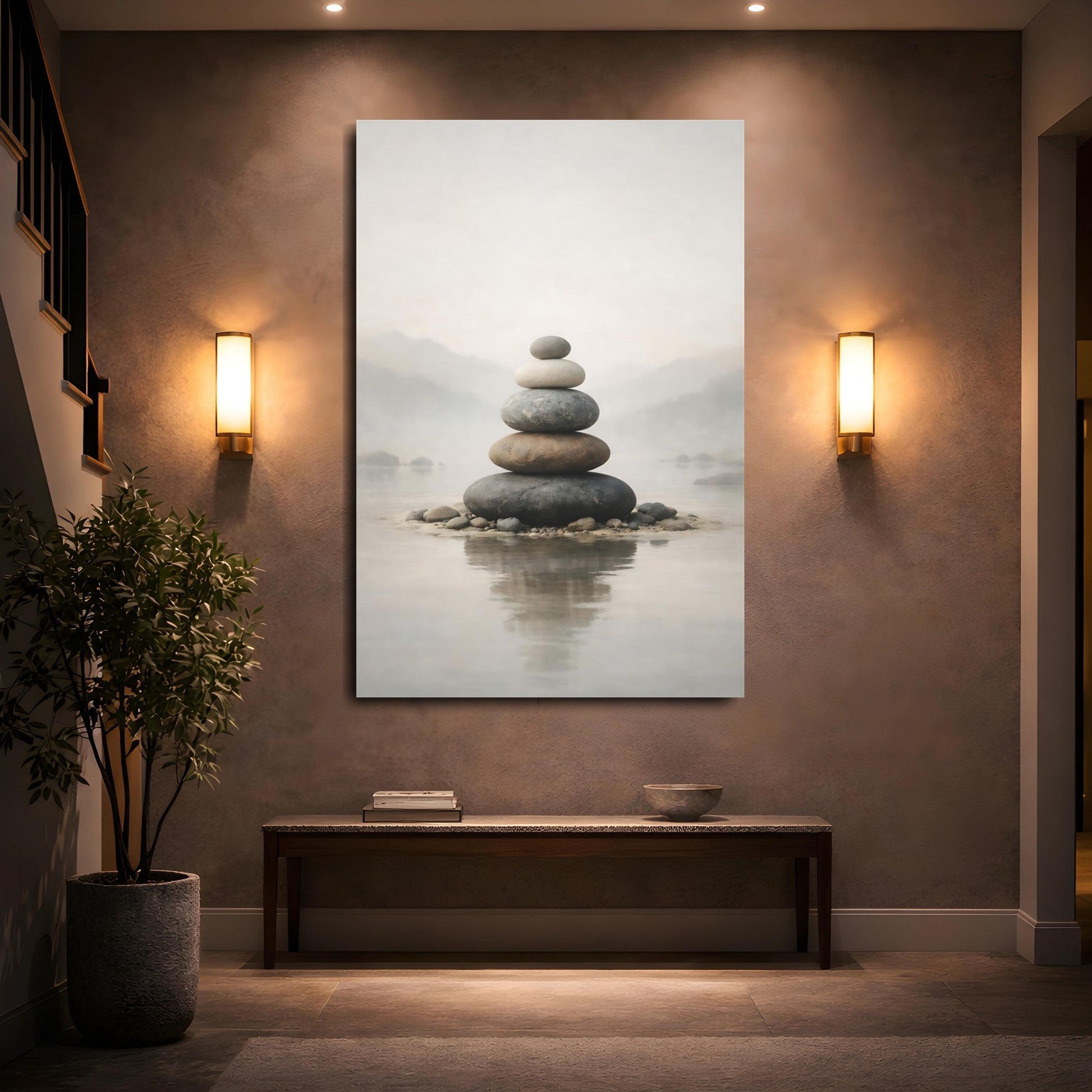 Nature Rock Cairn Neutral Tones shown as front canvas room wall art