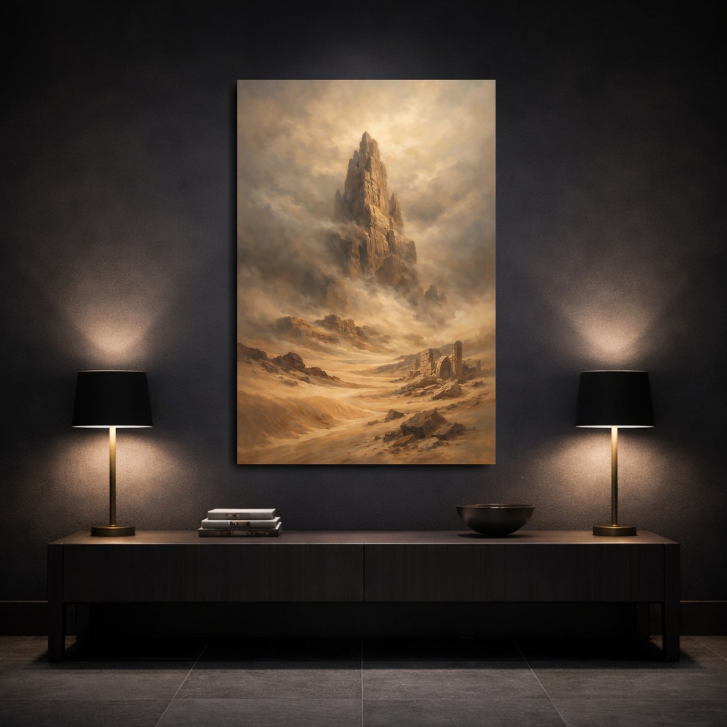 Mockup 2. Nature Rock Formation Brown And Gold shown as stretched canvas wall art