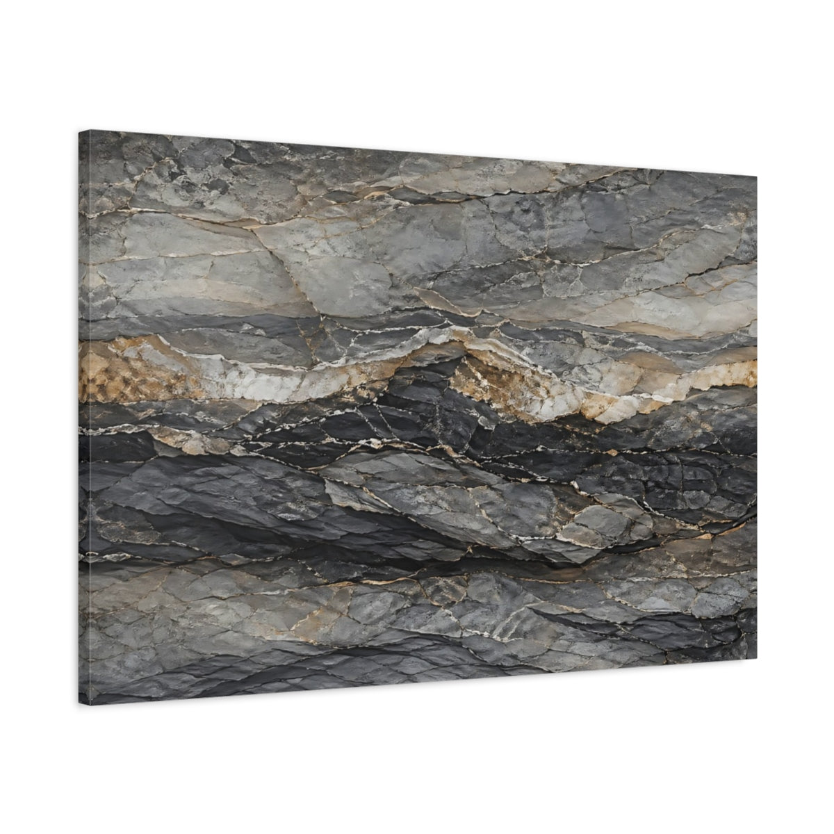 Main Mockup. Nature Rock Formation Grey And Gold shown as stretched canvas wall art