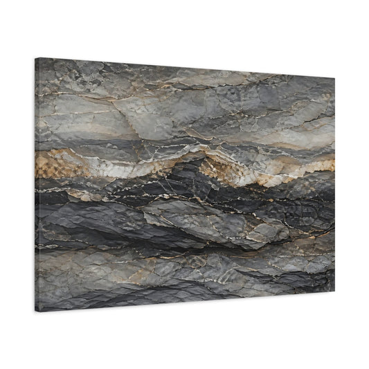 Main Mockup. Nature Rock Formation Grey And Gold shown as stretched canvas wall art