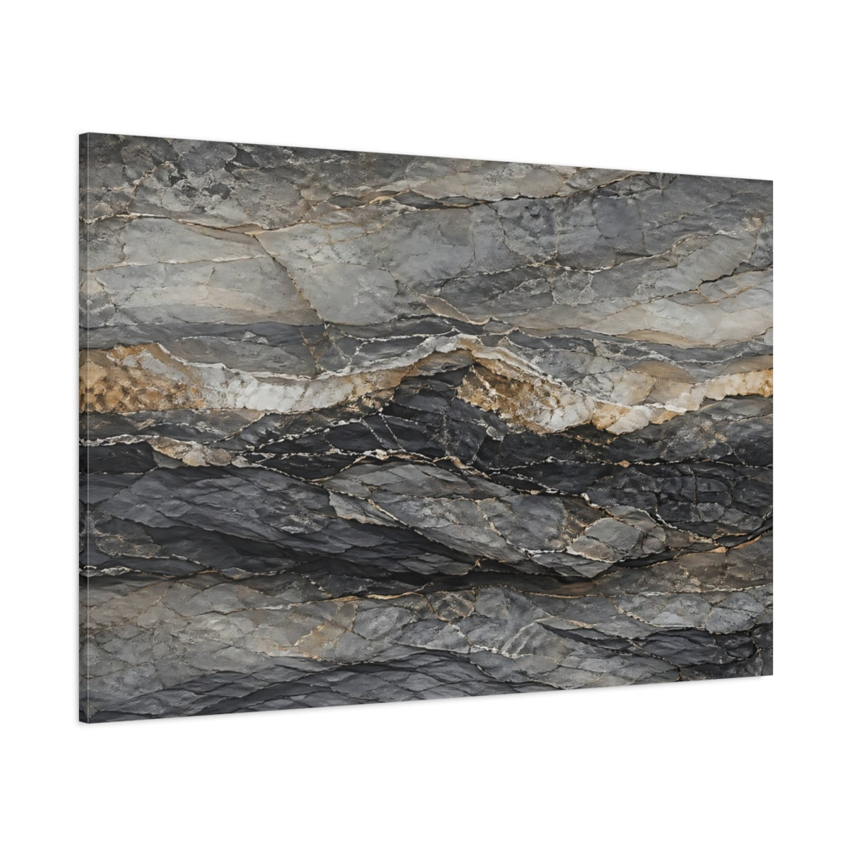Side Mockup 1. Nature Rock Formation Grey And Gold shown as stretched canvas wall art